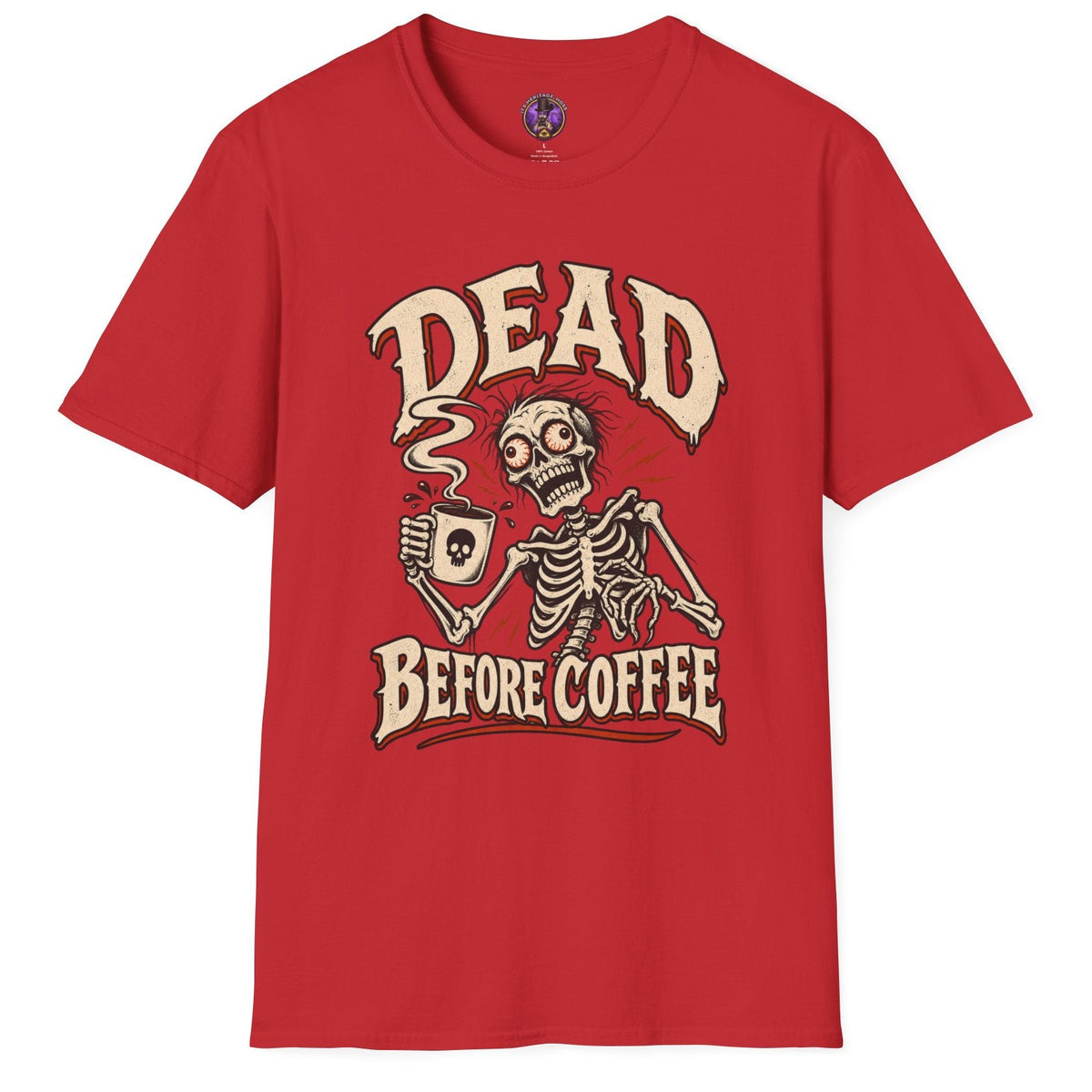 Dead Before Coffee skeleton graphic t-shirt holding steaming coffee mug in vintage horror style