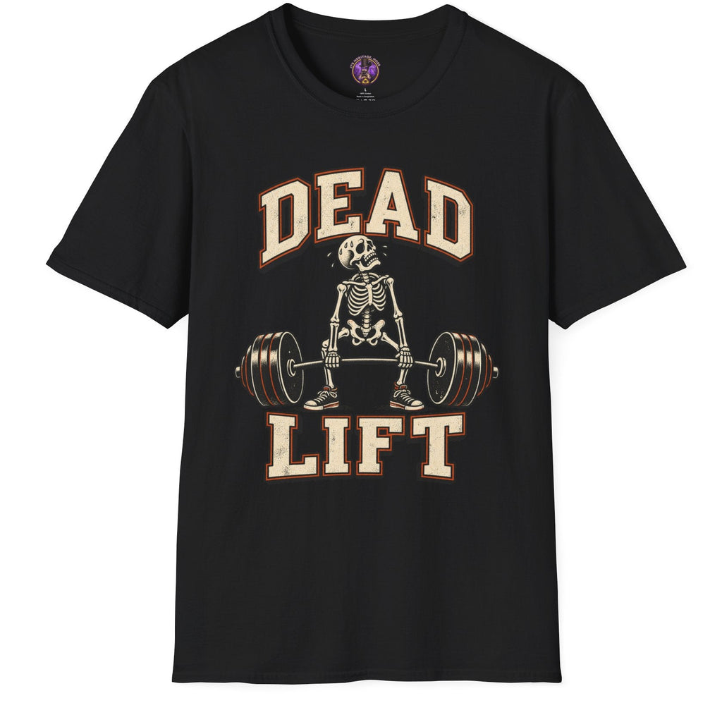Dead Lift skeleton weightlifting graphic t-shirt with barbell in vintage gym style