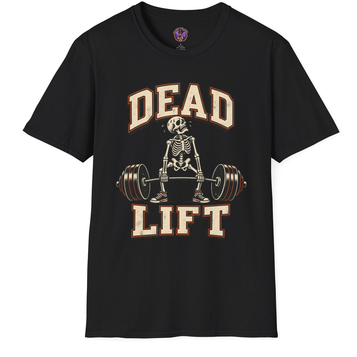 Dead Lift skeleton weightlifting graphic t-shirt with barbell in vintage gym style