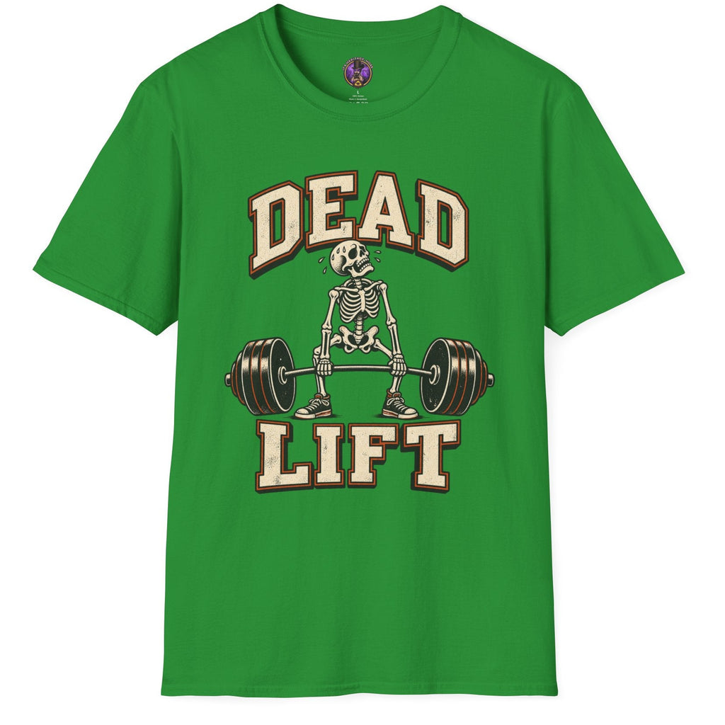 A bright green short-sleeve t-shirt with a vintage-style graphic on the front featuring a skeleton lifting a barbell and the words 'DEAD LIFT' in cream and brown lettering.