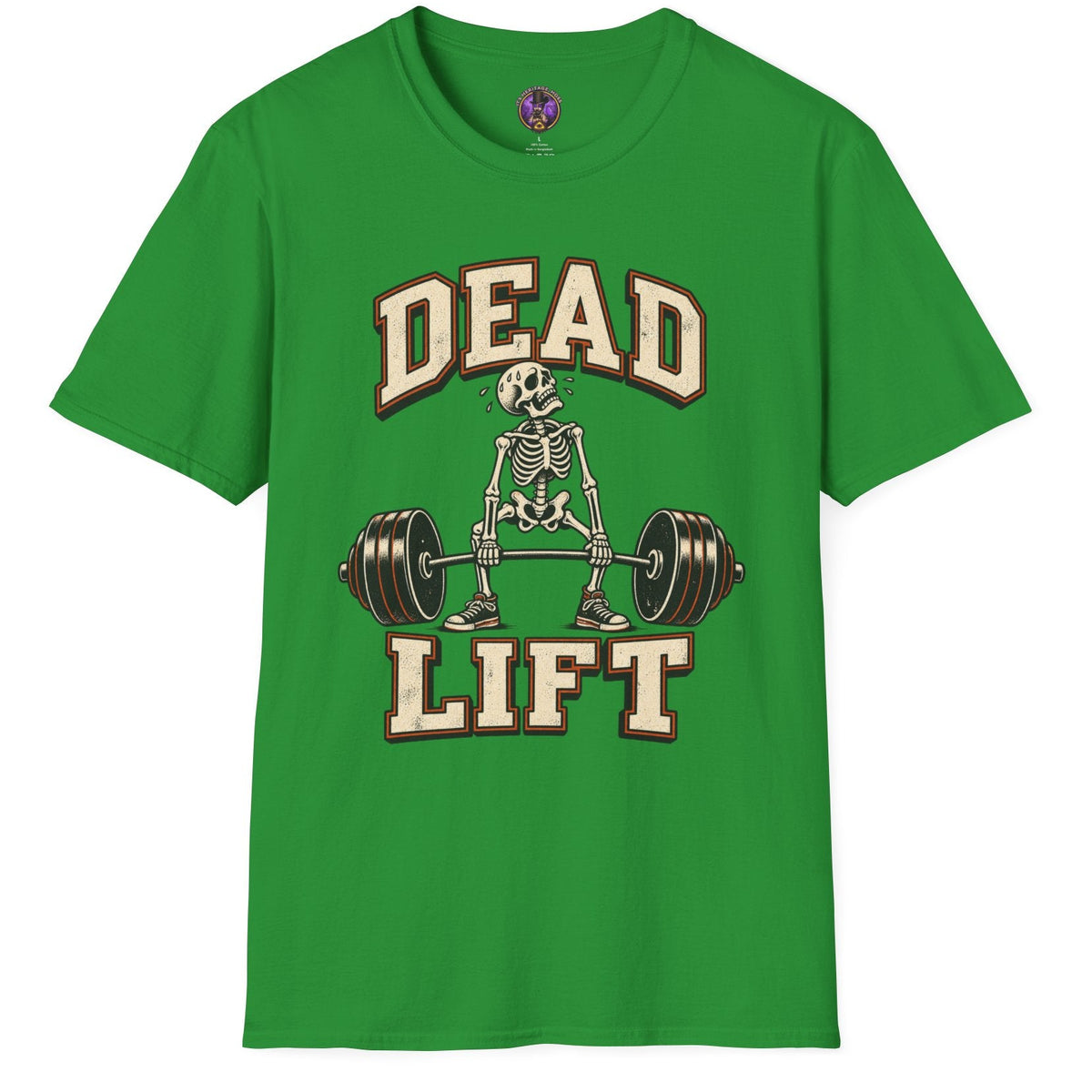 A bright green short-sleeve t-shirt with a vintage-style graphic on the front featuring a skeleton lifting a barbell and the words 'DEAD LIFT' in cream and brown lettering.