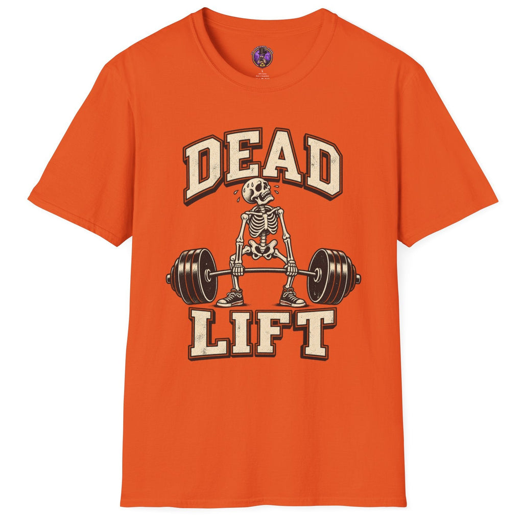 An orange short-sleeve crewneck t-shirt featuring a graphic of a skeleton lifting a barbell with the words 'DEAD LIFT' in a distressed cream and brown font.