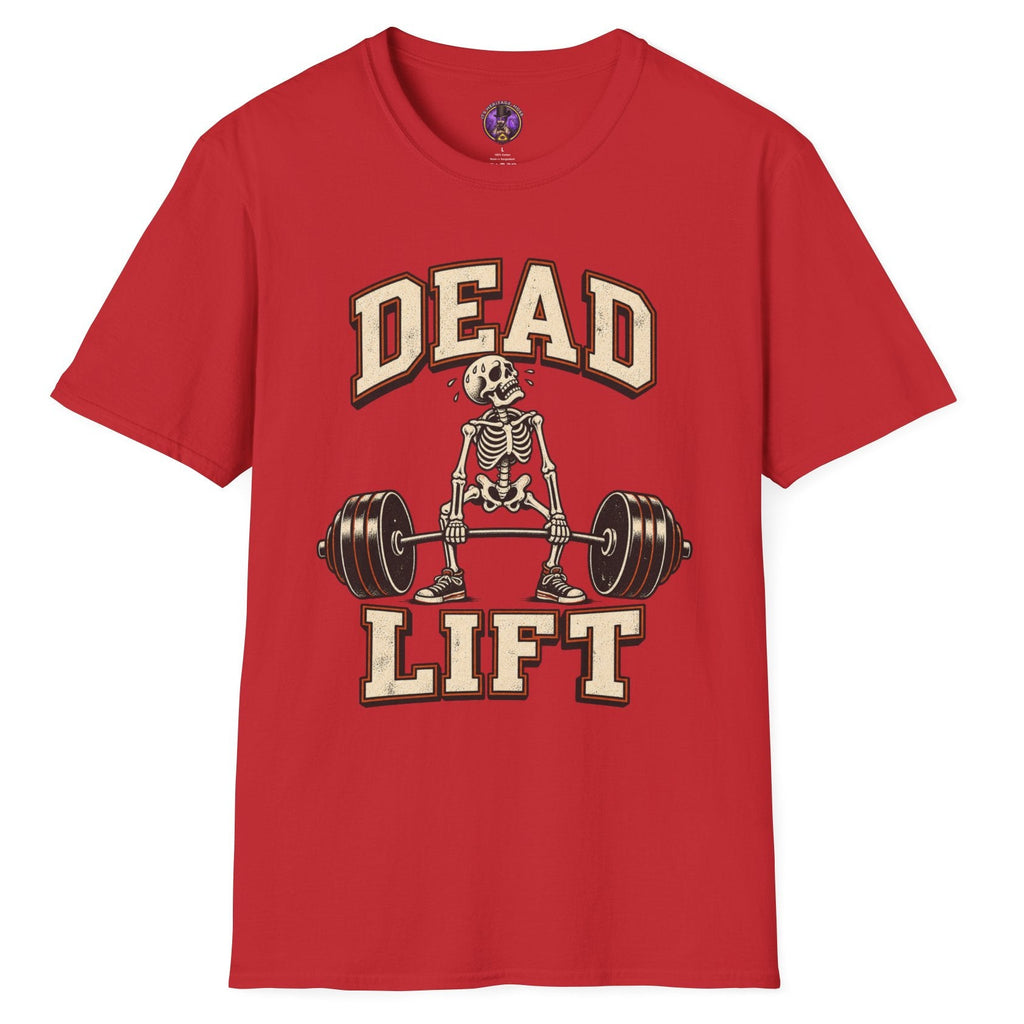 A red short-sleeve crewneck t-shirt featuring a vintage-style graphic of a skeleton lifting a barbell, with the words 'DEAD LIFT' printed in beige and brown block letters.