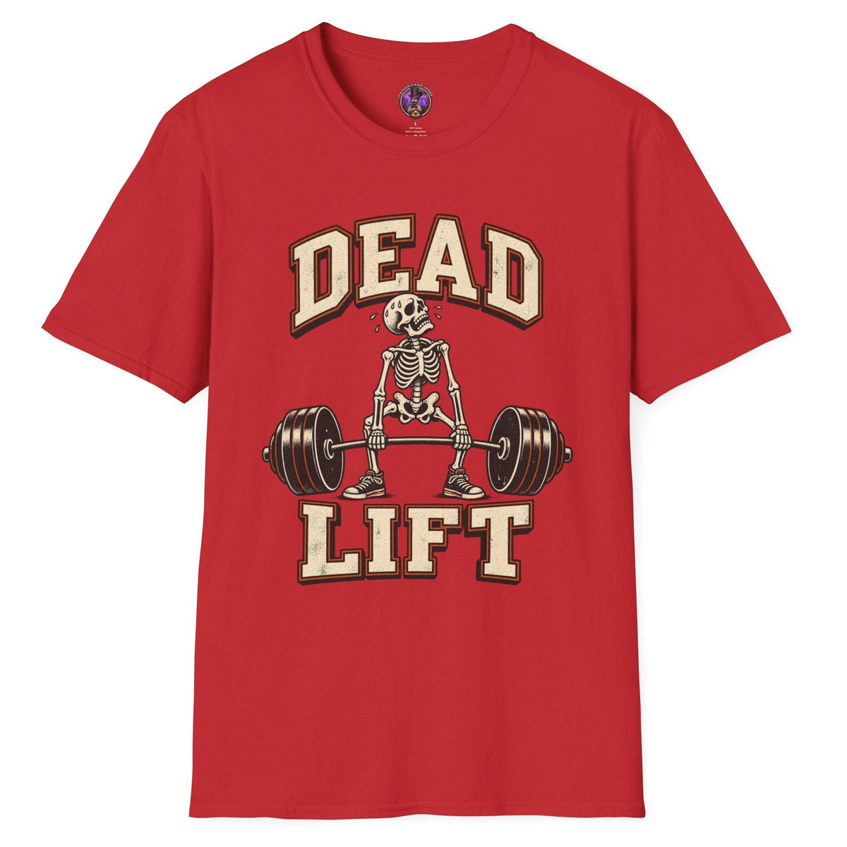 A red short-sleeve crewneck t-shirt featuring a vintage-style graphic of a skeleton lifting a barbell, with the words 'DEAD LIFT' printed in beige and brown block letters.