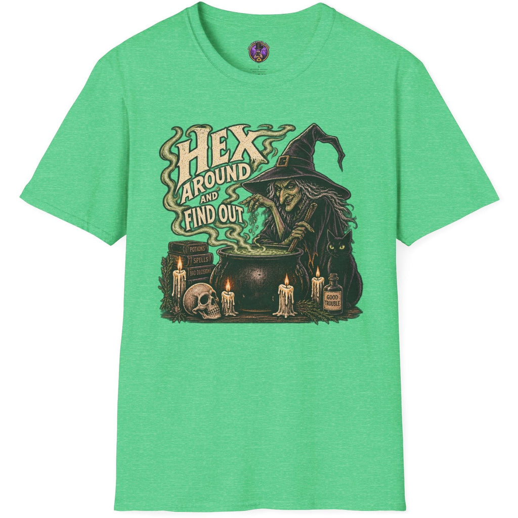 A heather green short-sleeve t-shirt with a graphic of a witch by a cauldron and the text 'HEX AROUND AND FIND OUT'.
