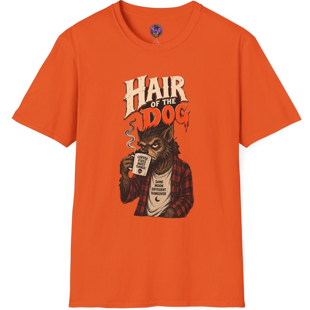 Hair of the Dog werewolf graphic t-shirt with flannel monster drinking coffee