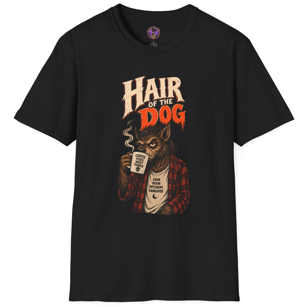 Hair of the Dog werewolf graphic t-shirt with flannel monster drinking coffee