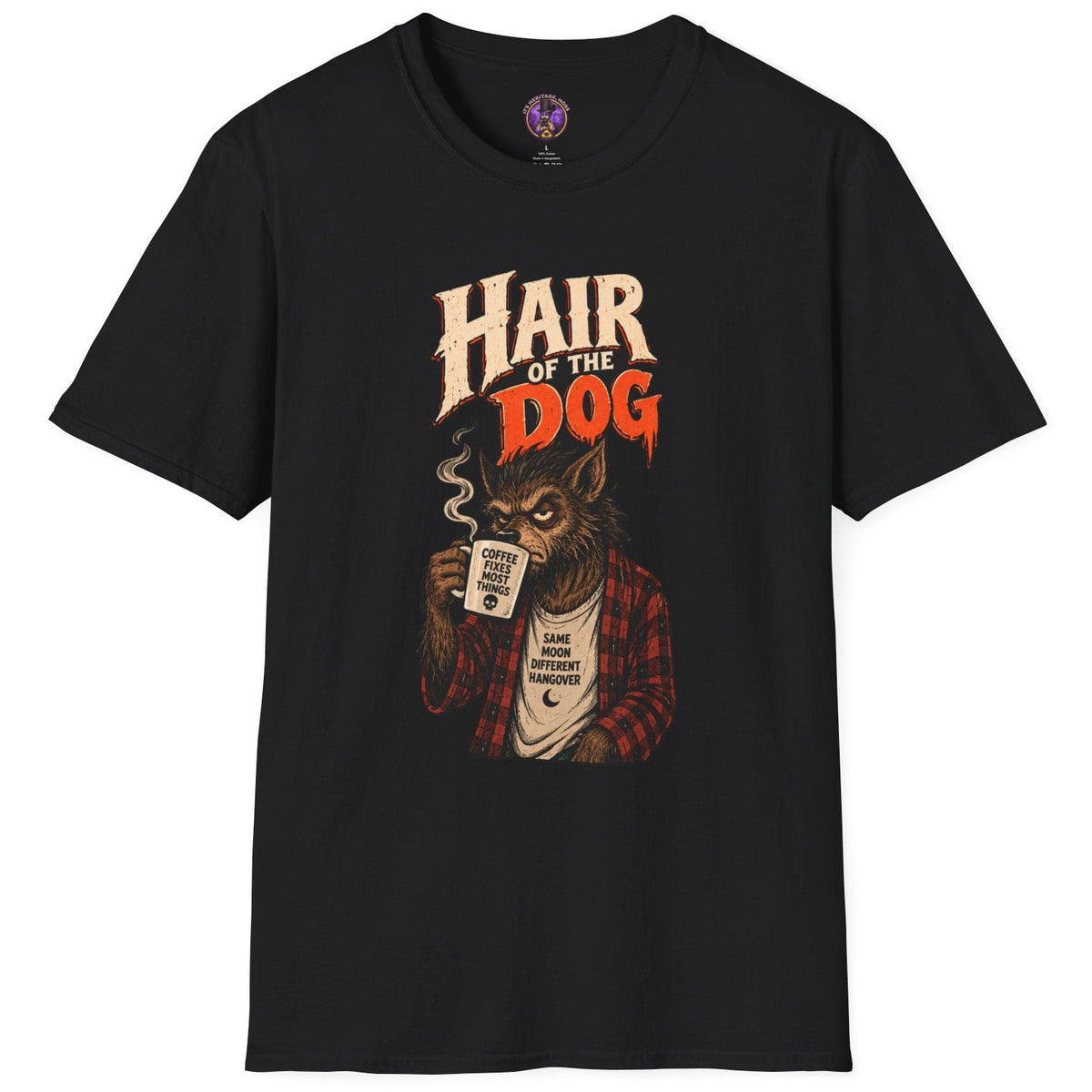 Hair of the Dog werewolf graphic t-shirt with flannel monster drinking coffee