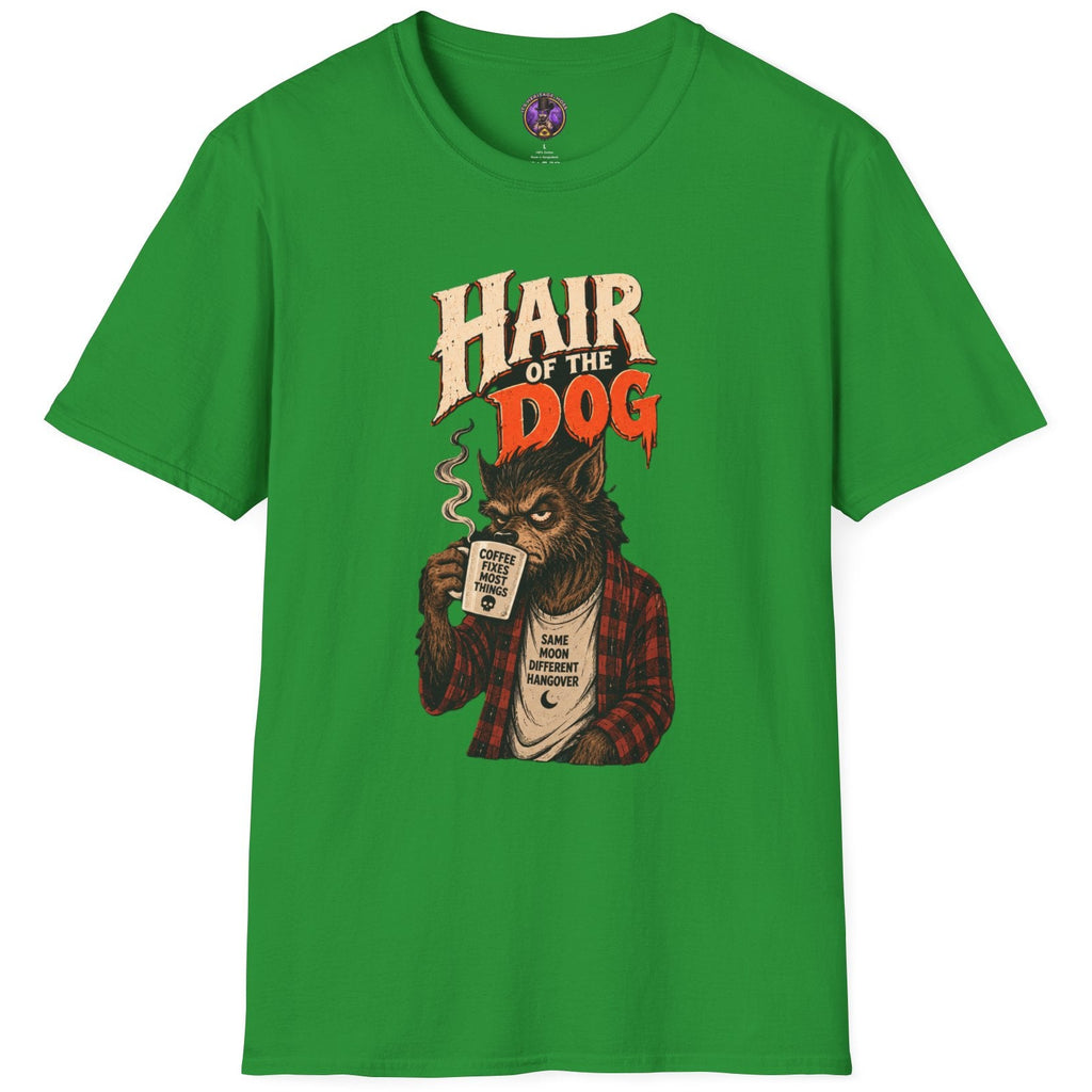 Hair of the Dog werewolf graphic t-shirt with flannel monster drinking coffee