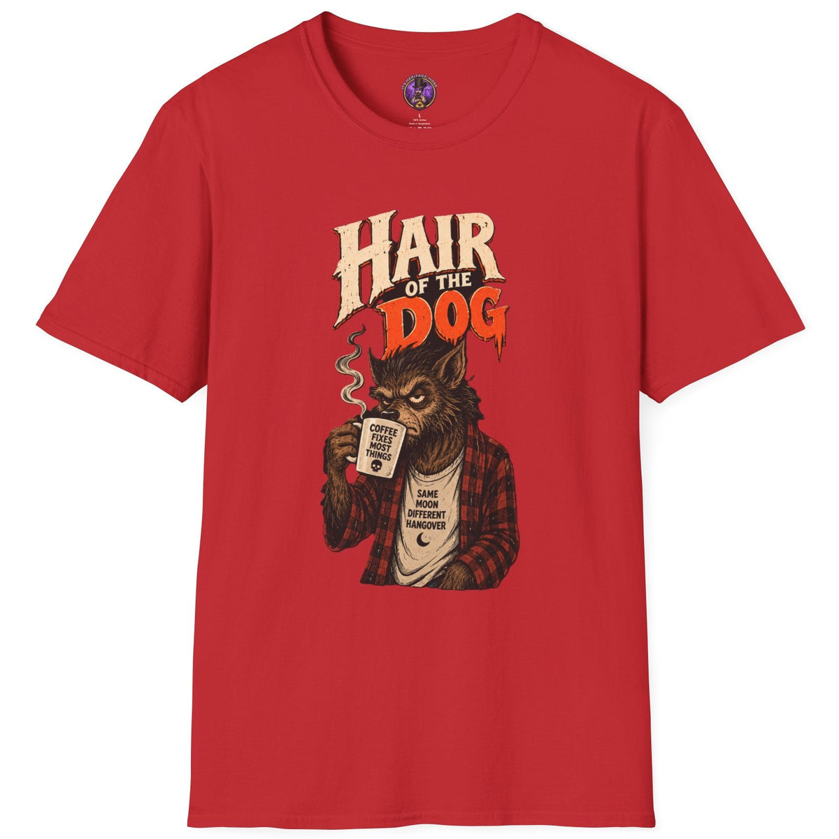 Hair of the Dog werewolf graphic t-shirt with flannel monster drinking coffee