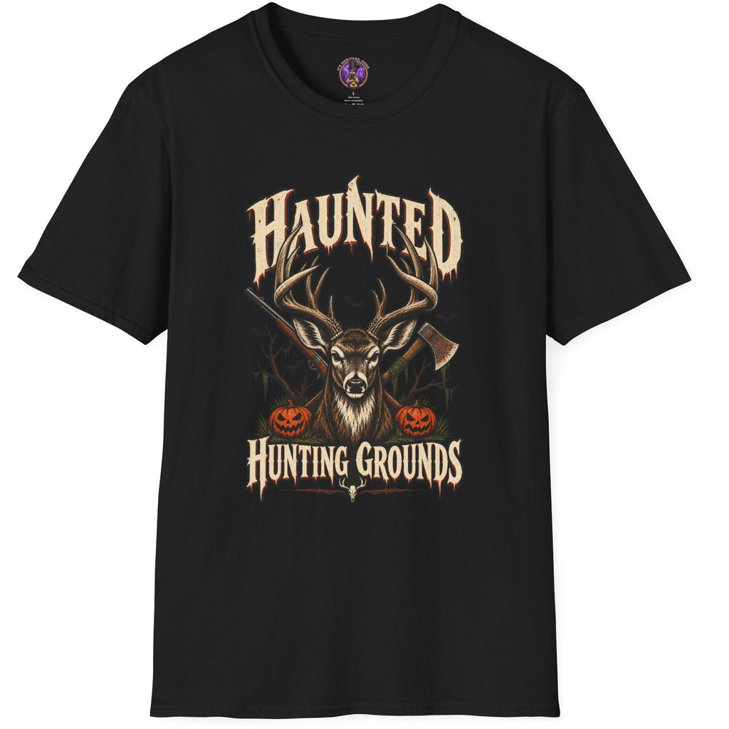 Haunted Hunting Grounds whitetail buck Halloween t-shirt with pumpkins and spooky forest