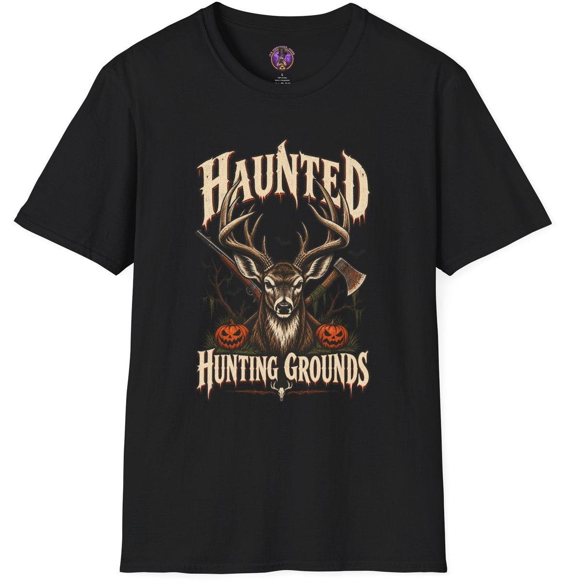 Haunted Hunting Grounds whitetail buck Halloween t-shirt with pumpkins and spooky forest