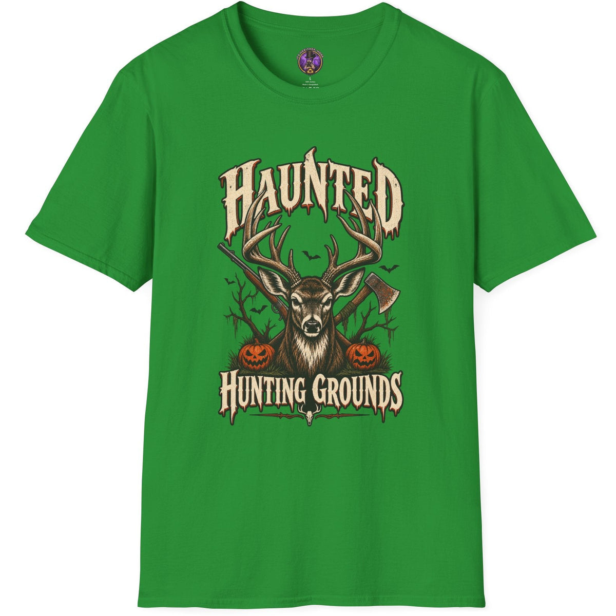 Haunted Hunting Grounds whitetail buck Halloween t-shirt with pumpkins and spooky forest