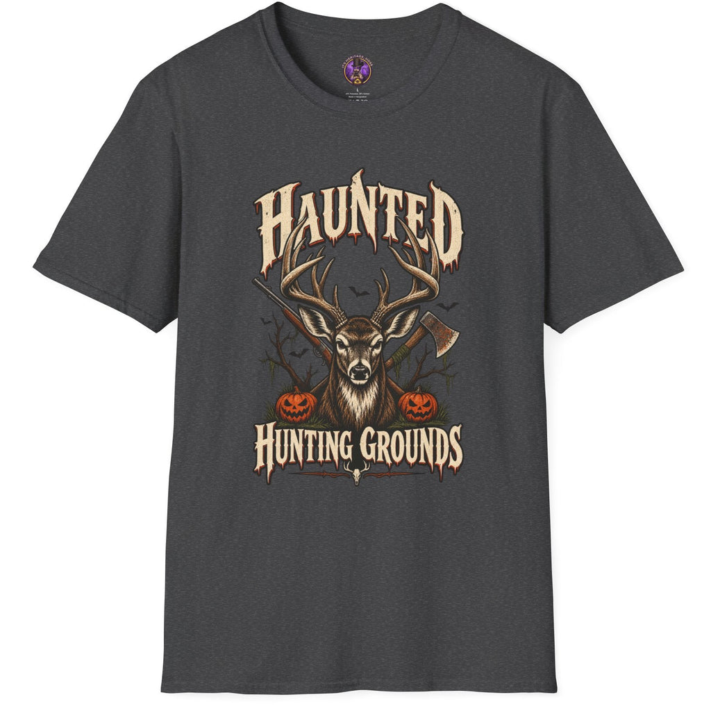 Haunted Hunting Grounds whitetail buck Halloween t-shirt with pumpkins and spooky forest