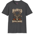 Haunted Hunting Grounds whitetail buck Halloween t-shirt with pumpkins and spooky forest