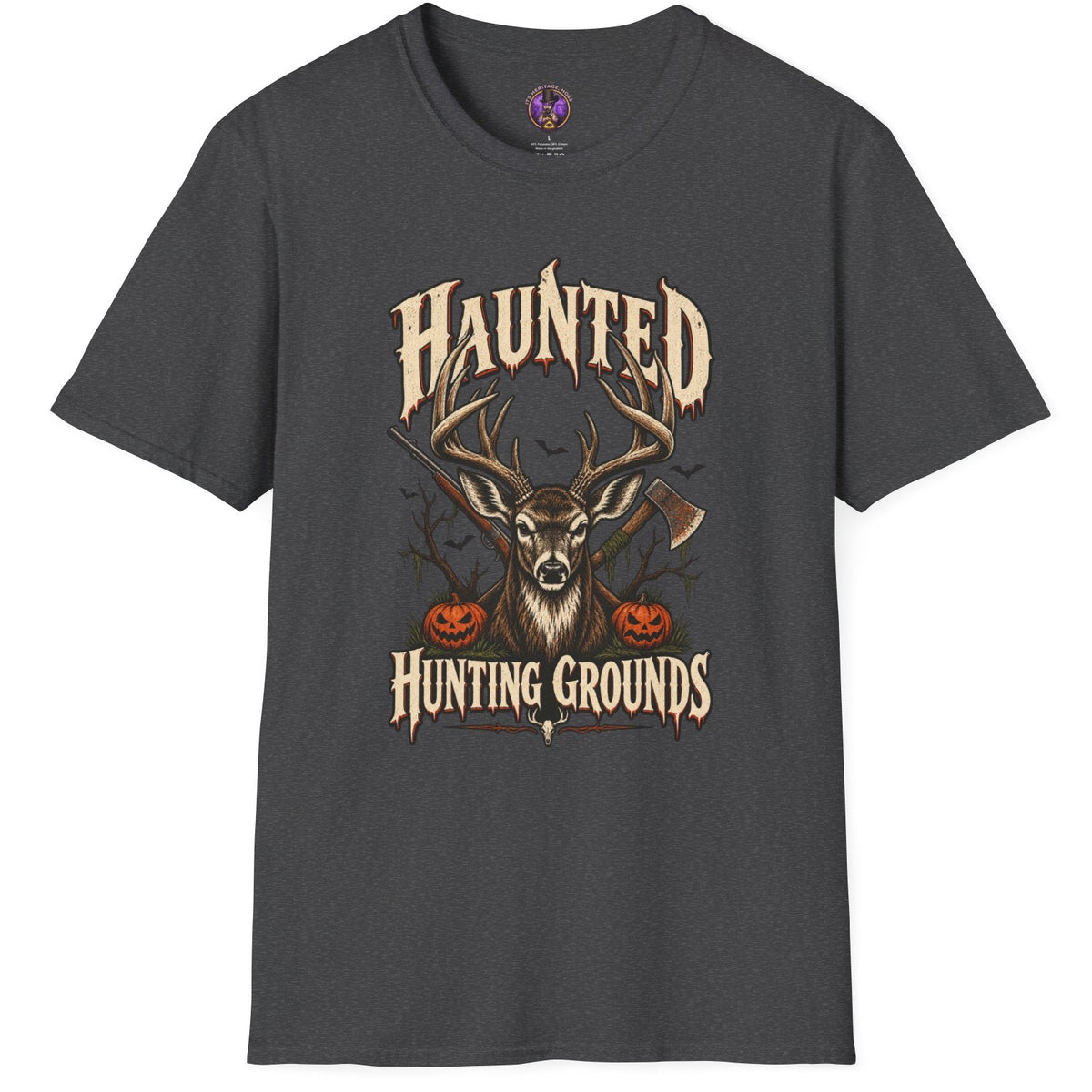 Haunted Hunting Grounds whitetail buck Halloween t-shirt with pumpkins and spooky forest