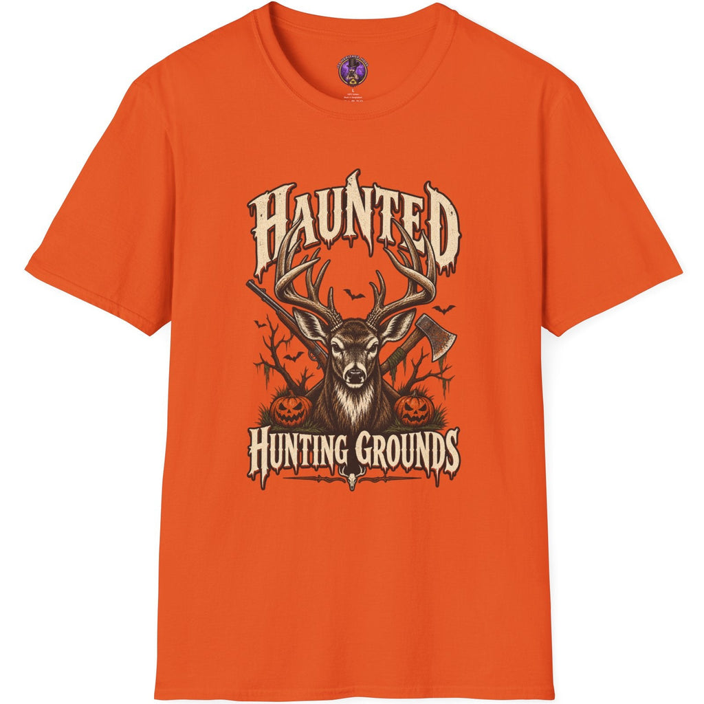 Haunted Hunting Grounds whitetail buck Halloween t-shirt with pumpkins and spooky forest