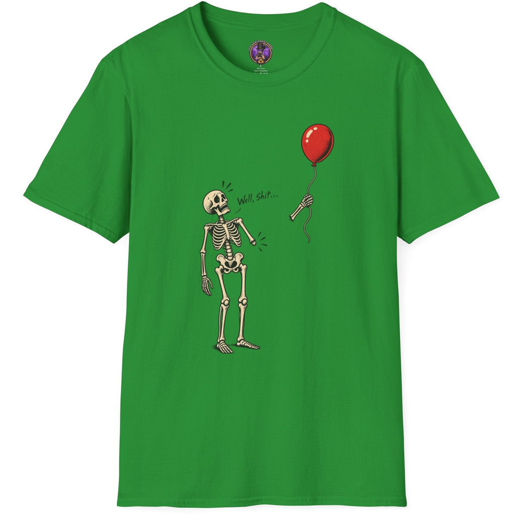 Well Shit skeleton graphic t-shirt with detached arm holding a floating red balloon