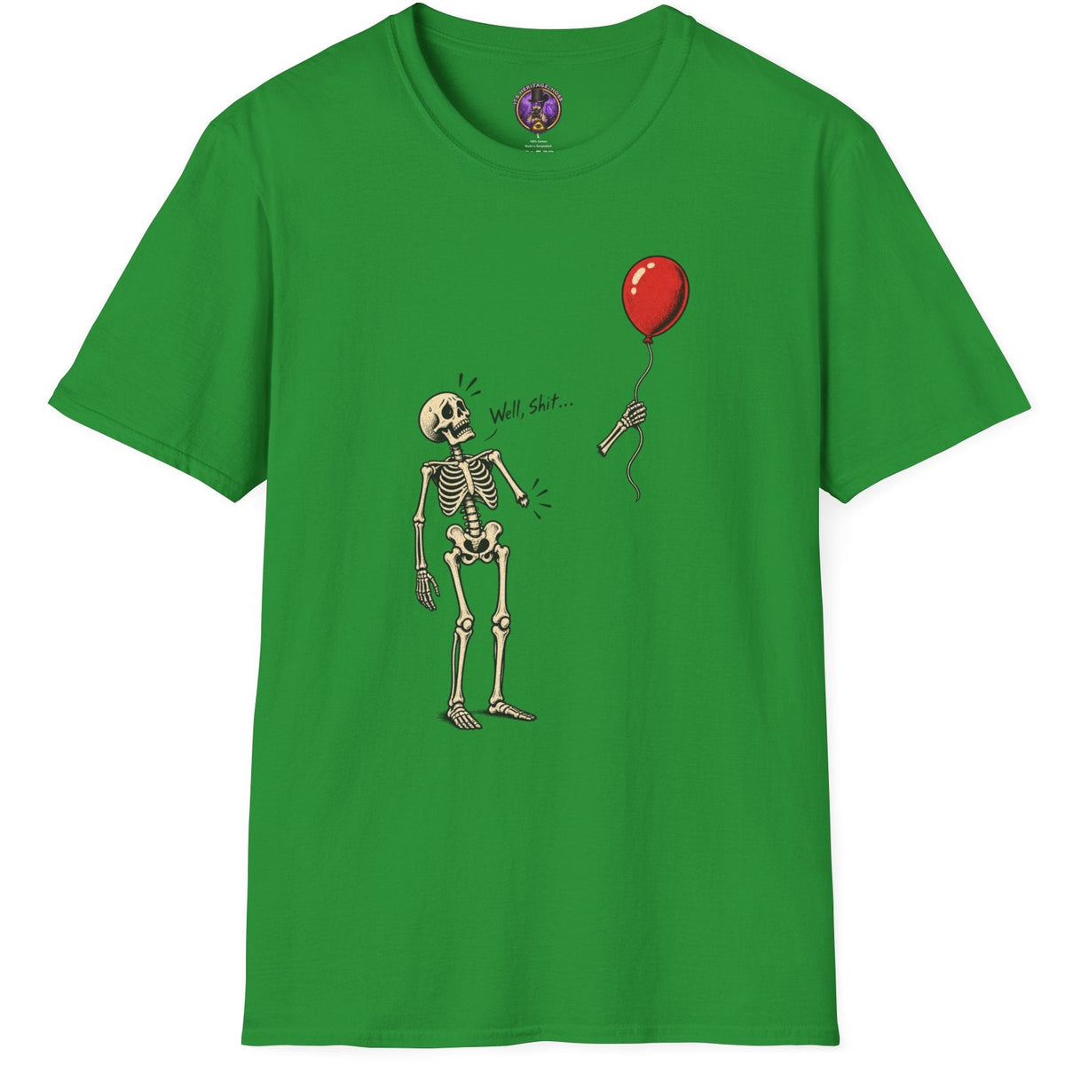 Well Shit skeleton graphic t-shirt with detached arm holding a floating red balloon