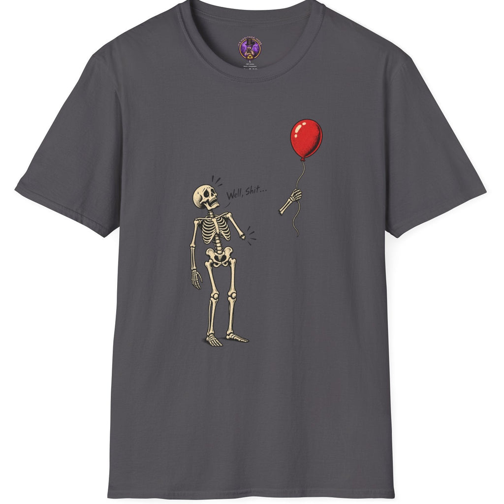 Well Shit skeleton graphic t-shirt with detached arm holding a floating red balloon