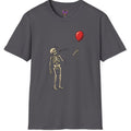 Well Shit skeleton graphic t-shirt with detached arm holding a floating red balloon