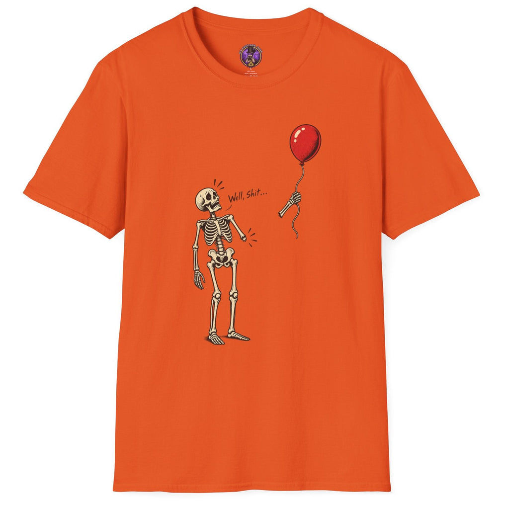 Well Shit skeleton graphic t-shirt with detached arm holding a floating red balloon