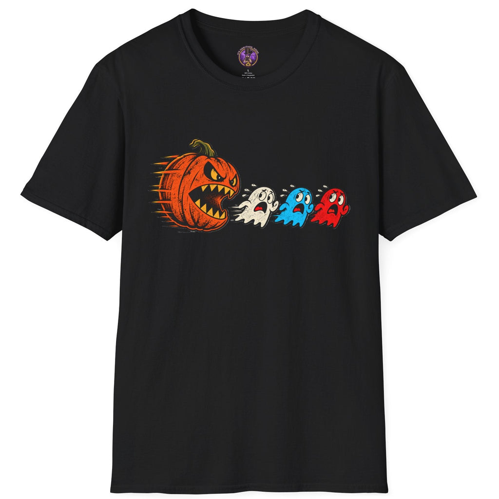 Funny pumpkin chasing ghosts Halloween shirt with retro arcade-inspired artwork. Spooky graphic tee for Halloween, ghost and vintage gaming fans.