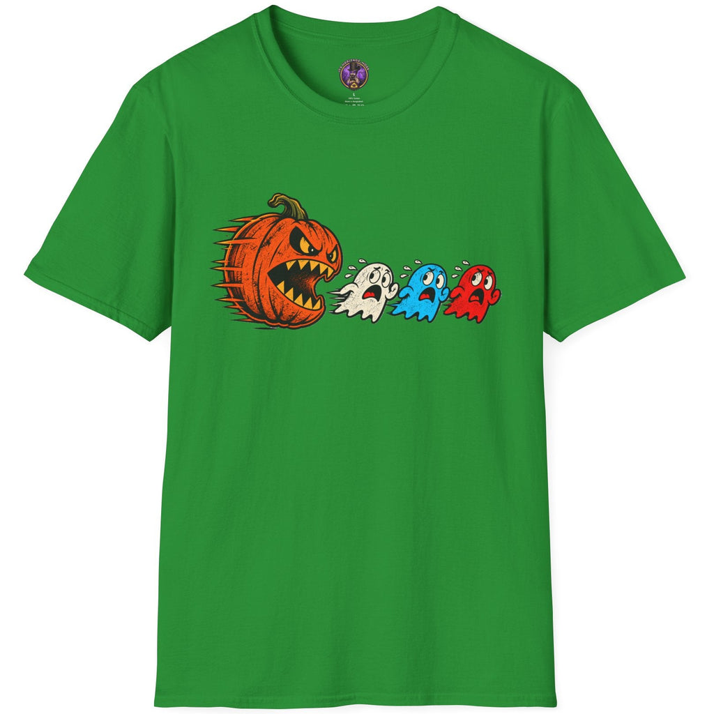 Funny pumpkin chasing ghosts Halloween shirt with retro arcade-inspired artwork. Spooky graphic tee for Halloween, ghost and vintage gaming fans.
