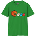Funny pumpkin chasing ghosts Halloween shirt with retro arcade-inspired artwork. Spooky graphic tee for Halloween, ghost and vintage gaming fans.