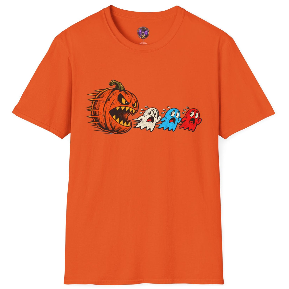 Funny pumpkin chasing ghosts Halloween shirt with retro arcade-inspired artwork. Spooky graphic tee for Halloween, ghost and vintage gaming fans.