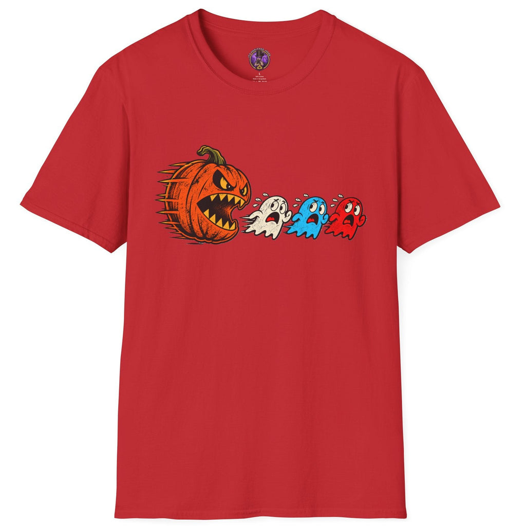 Funny pumpkin chasing ghosts Halloween shirt with retro arcade-inspired artwork. Spooky graphic tee for Halloween, ghost and vintage gaming fans.